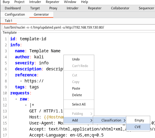 Back in Burp Suite, simply right click then -> Add -> Classification -> CVE which prompts for the CVE number to look up in this screenshot by White Oak Security