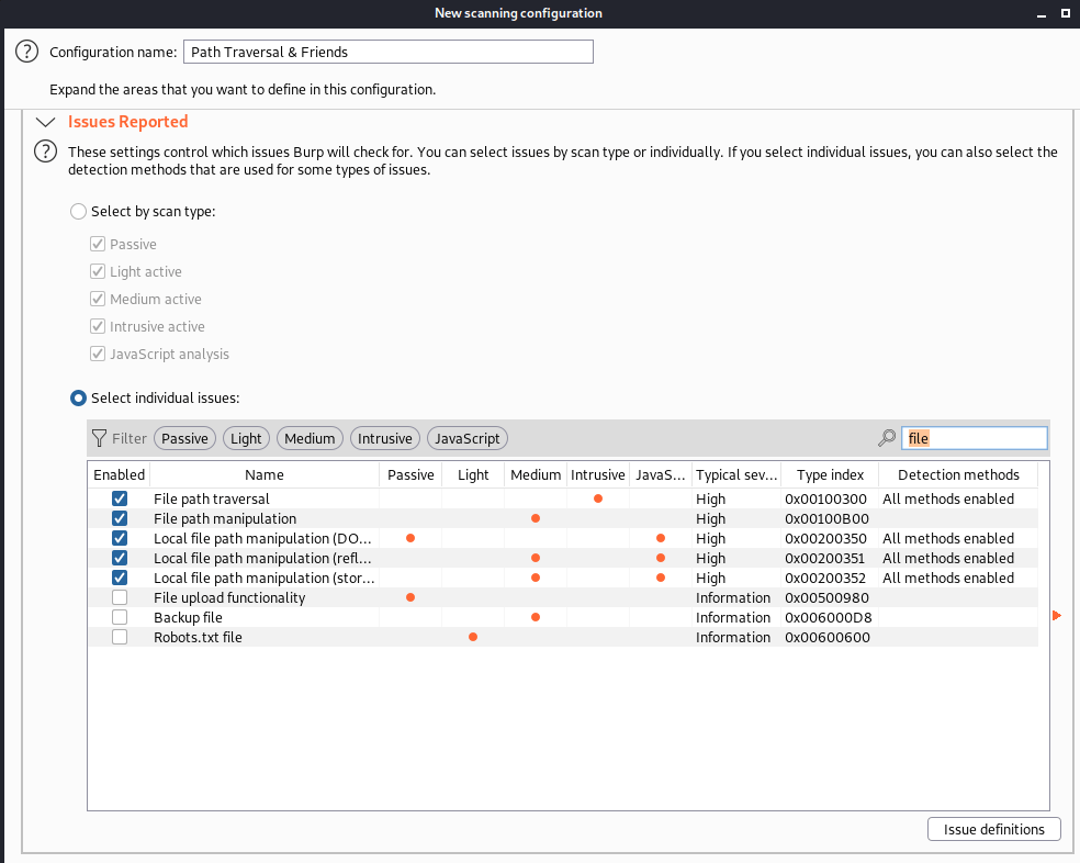 A screenshot of a scan template for path traversal can easily be created within BurpSuite’s scan configuration library as shown here by White Oak Security.