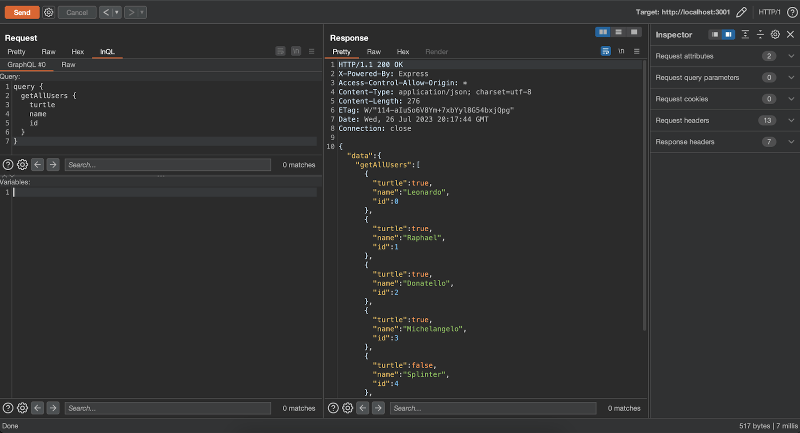 Burp Suite GraphQL AND InQL screenshot by white oak security 