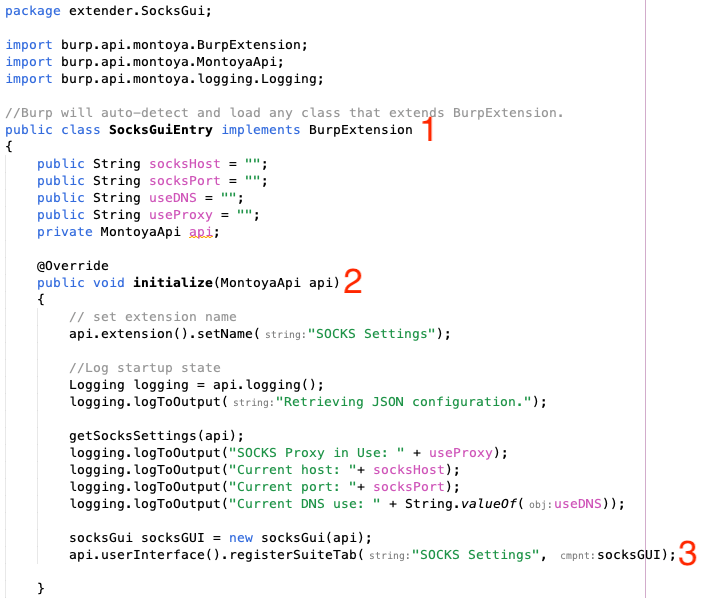 White Oak Security screenshot has 3 highlighted sections that are numbered. 1) implements burpextension 2 initializes and accepts montoyaAPI object  3) socksGUI interface 