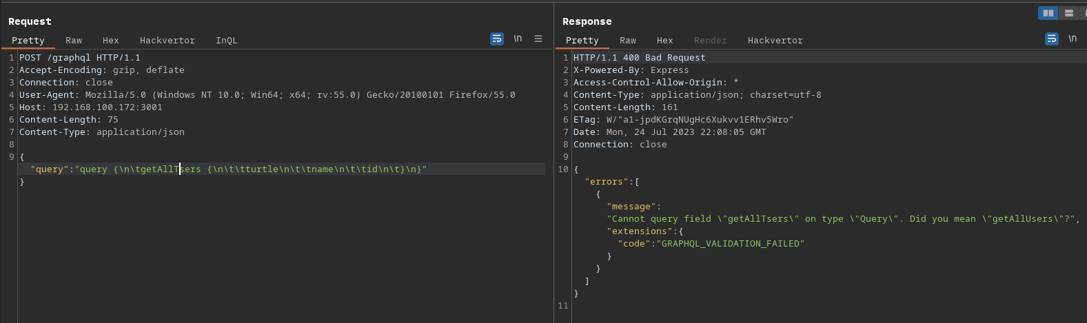 GraphQL instances with field suggestions enabled will suggest amendments to malformed user requests via verbose error messages. These error suggestions come in the form of a “Did you mean…?” message. Shown here in this white oak security pentesters.