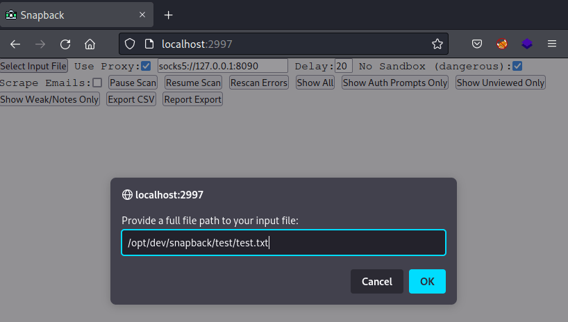 Snapback screenshot tool screen grab by White Oak Security of the full path to the input file which says /opt/dev/snapback/test/test.txt