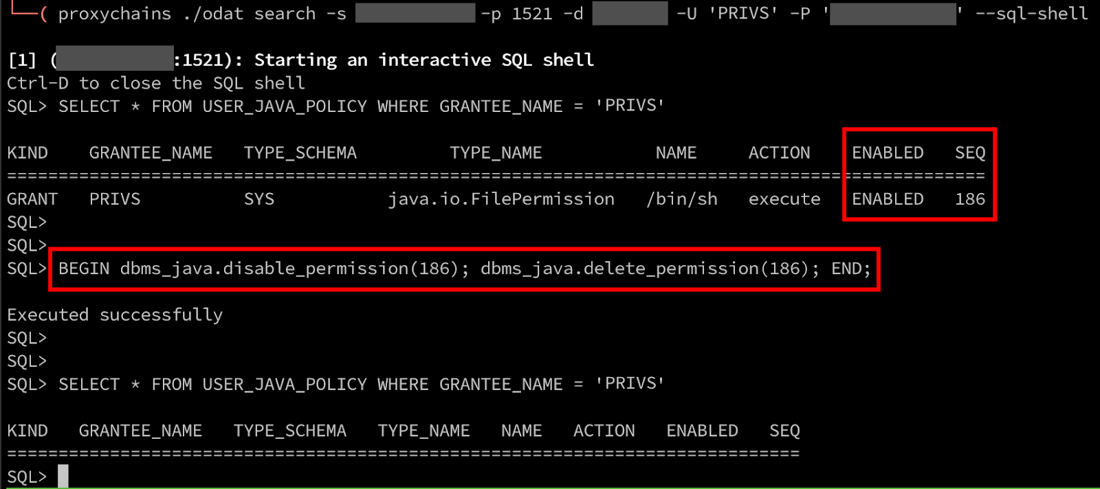 White Oak Securityshares the odat code for enabling SEQ and disabling the java permissions