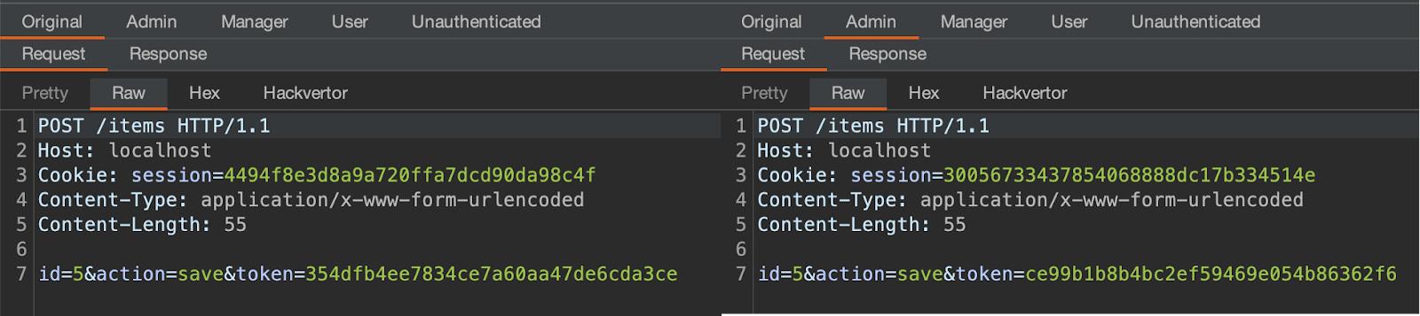 Save your AuthMatrix configuration, and click “Run”. Once AuthMatrix completes, you can check the requests to make sure that the token actually got replaced. Here is a side-by-side comparison of the original request and the request AuthMatrix sent as the Admin user, using the token taken from the Chain Source. This screenshot shows that code block by White Oak Security, the original request, raw code.