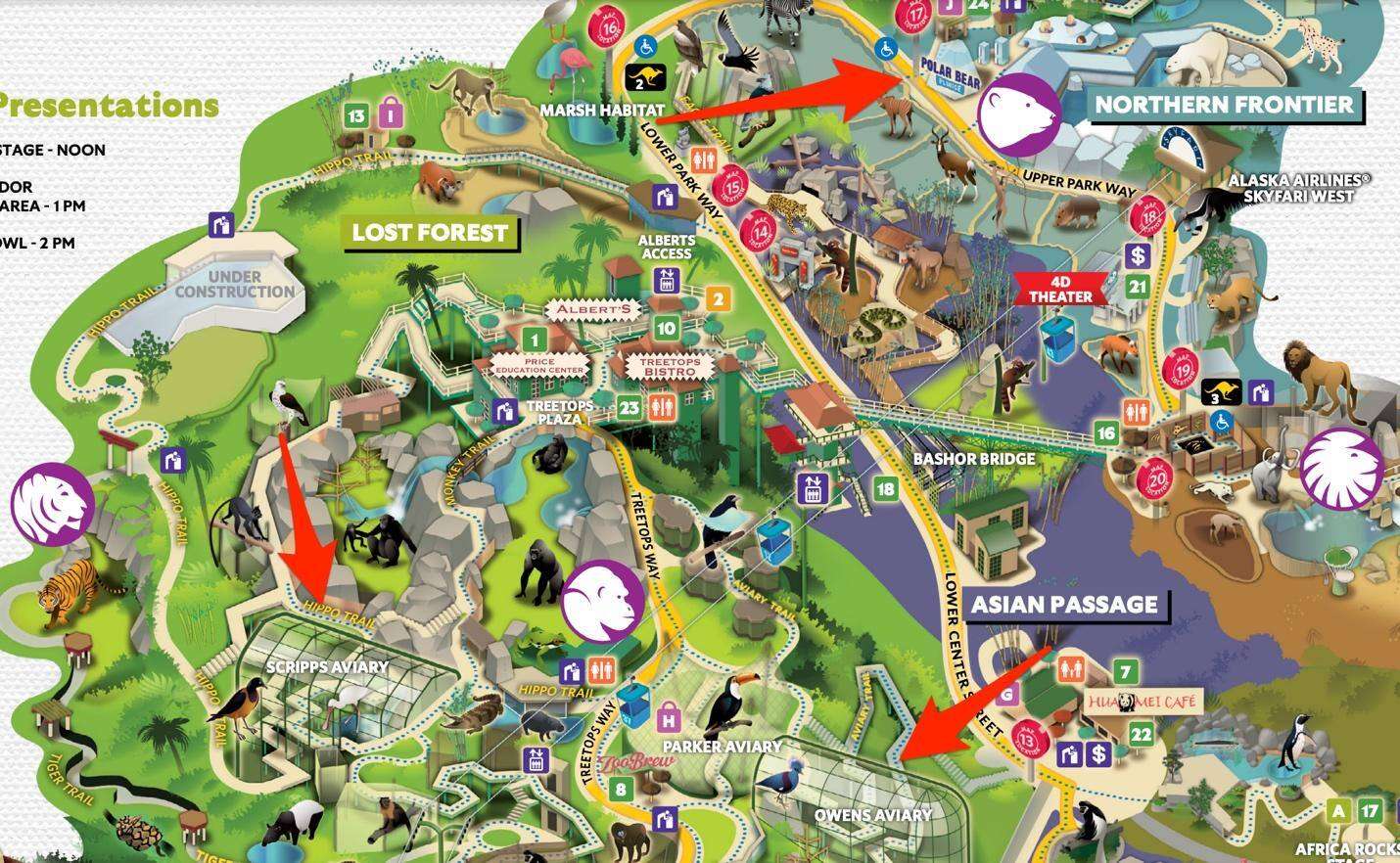 White oak security’s screenshot of the zoo’s map pdf with arrow to the polar bear enclosure 