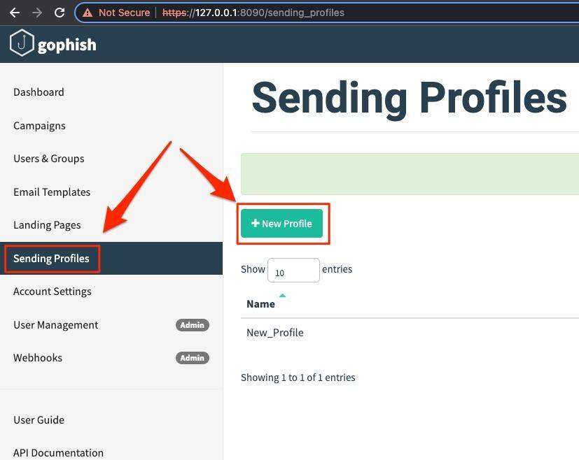 Gophish setup screenshot shows that by Selecting the “Sending Profiles” will allow a user to configure a SMTP profile connected to Gandi’s mail servers by White Oak Security’s expert pentesters. 