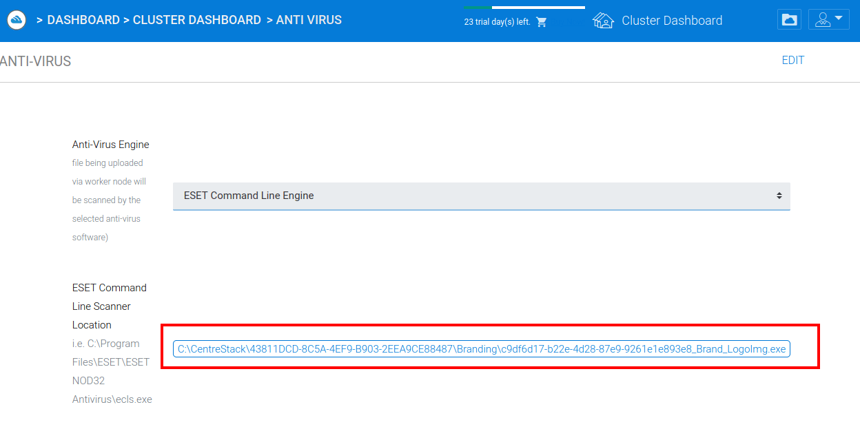 White Oak Security shares the full path of the uploaded binary has been discovered through the application’s own components, the Anti-Virus engine scanner location can be modified to the full path of the binary: