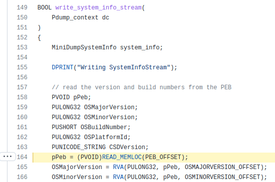 This is an example call to READ_MEMLOCK(). For context, READ_MEMLOCK() is trying to get a pointer to the PEB (Process Environment Block) of the current process and subsequent function calls extract the OS Major/Minor and Build Numbers by White Oak Security (code screenshot)