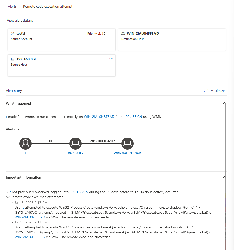 Attempting secretsdump using WMIexec results in the command failing to create a Volume Shadow Copy to dump NTDS and generating a new alert In the defender portal by white oak security