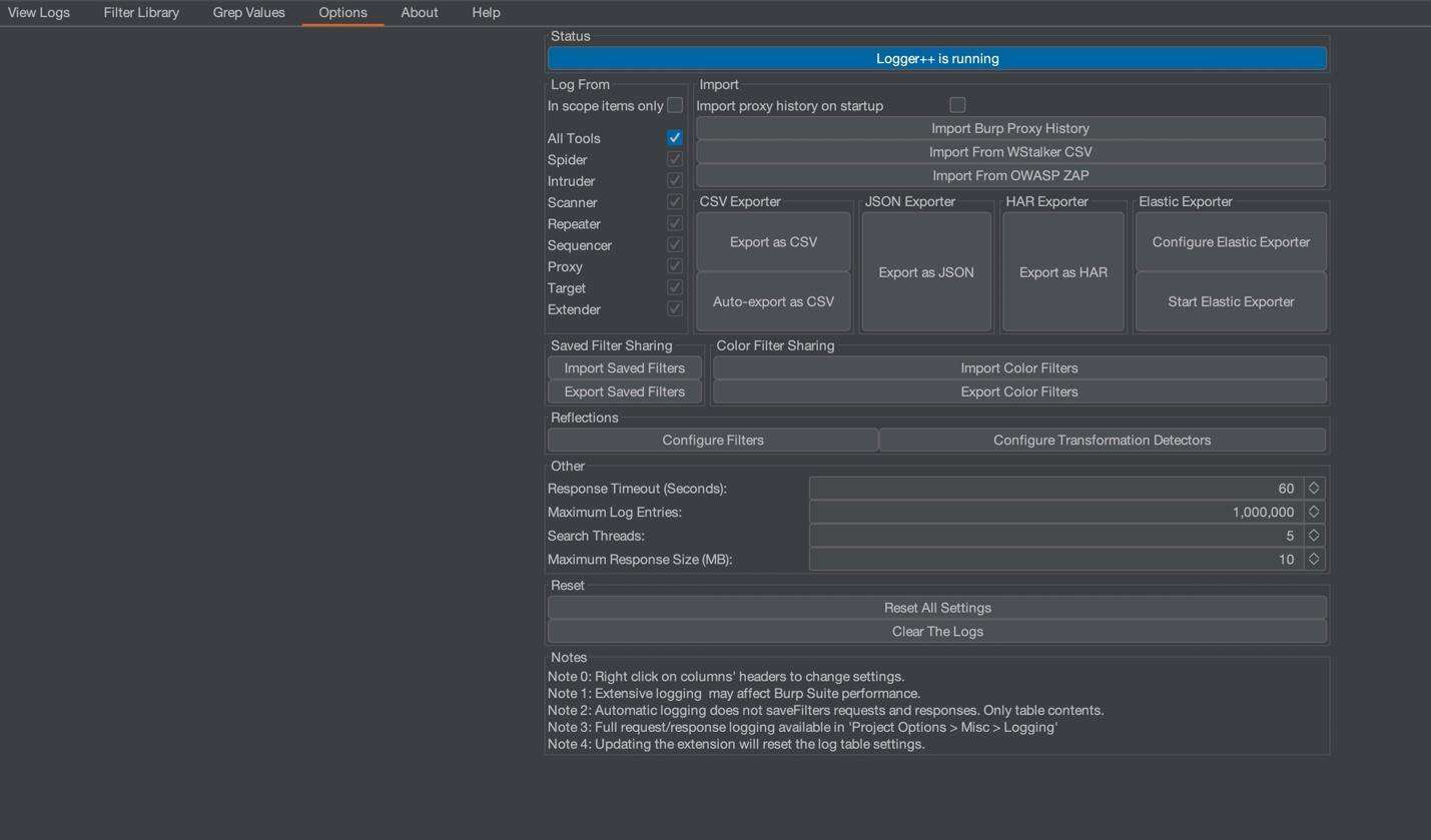 White Oak Security’s screenshot of the options section of the Logger++.