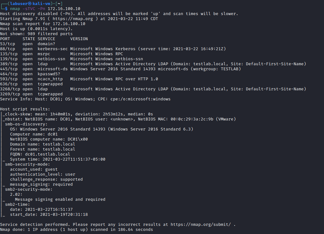 Figure 11 Nmap scan of the domain controller for building a pentesters test lab by a white oak security expert.