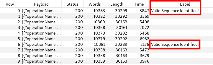 Screen grab by White Oak Security shows the batches of 500 sequence numbers and highlighted is valid sequence identified labels.