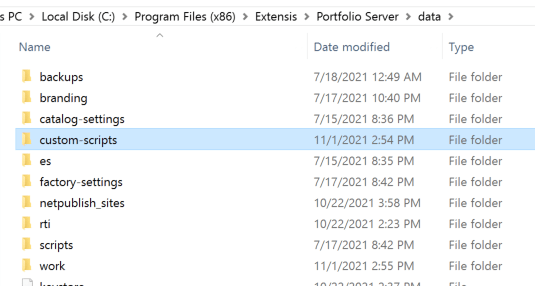 White Oak shows the custom-scripts folder file - Any script placed within this directory will be automatically executed when a user authenticates into the Portfolio application. This is the default behavior of scripts placed within this directory, as these scripts are intended to be used to provide extra functionality for the web application. The scripts are automatically executed based on default interactions with the application (and subsequent API requests) as a user interacts with the Portfolio application UI.