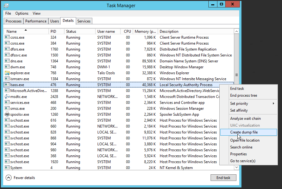 this capture of code from the White Oak Security blog shows the steps for From the Task Manager, go to the “Details” tab, find lsass.exe, right-click, and select “Create dump file”: