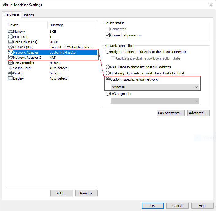 CentOS Router VM Settings demonstrates the customized VM settings.