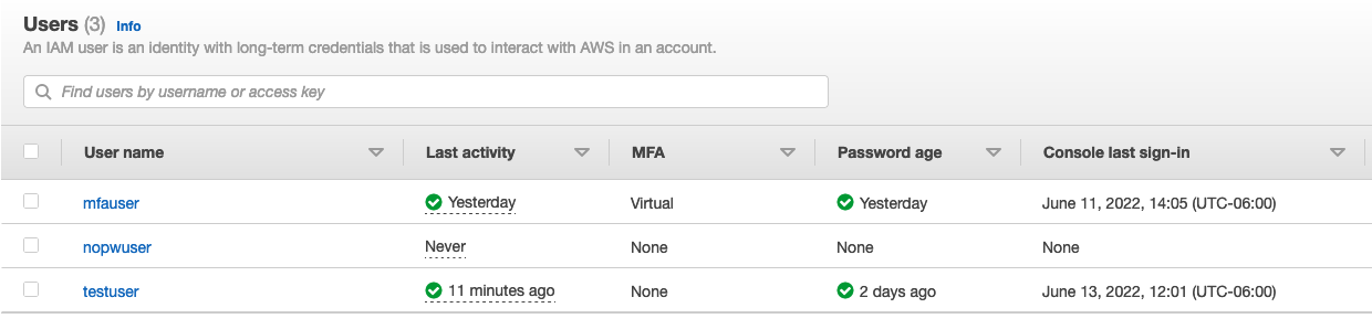 Screenshot by White Oak Security showing the IAM users with long term credentials used to interact with AWS console.