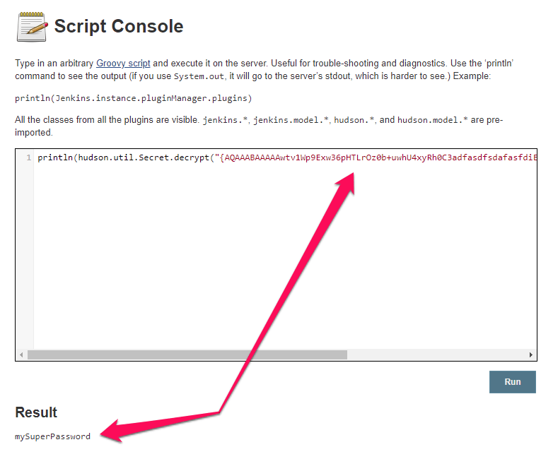 Script console can decrypt the data shown in this screenshot of the Groovy Script and code, White Oak Security's pentesters prove the AWS environment is compromised.