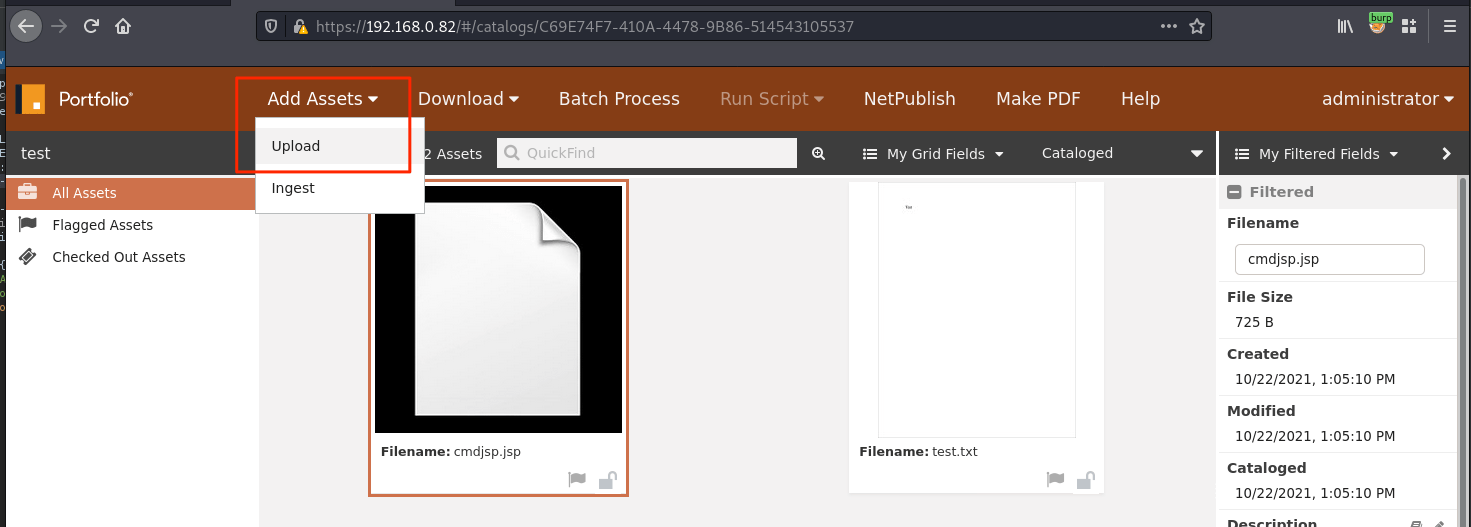 White Oak Security discovered a chain of events during typical file uploads within the main portal application that can result in remote code execution. First, the application does not properly whitelist and perform content inspection on the files that are uploaded to the catalog. By default, any file can be uploaded to the portal application. A malicious threat actor can upload a JSP file that contains a simple web shell to achieve code execution against the underlying web server. This screenshot shows that we have access to upload assets.