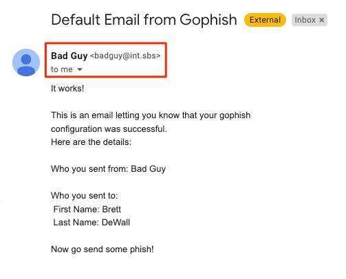 in the screenshot below by White Oak Security, the test default email from Gophish was received and the settings worked as expected!