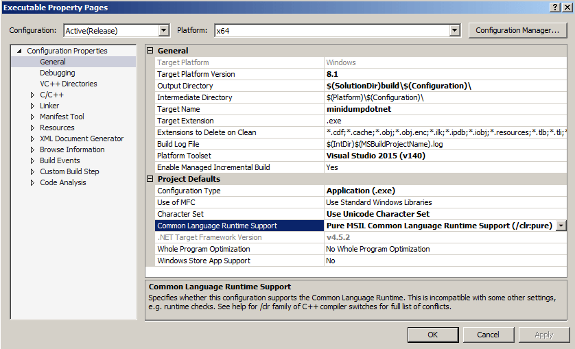 P/Invoke methods to access native API calls are handled automatically by the compiler, and most code is converted to CLR compatible counterparts. When building a C++ CLR application you have a few options for CLR support, however to ensure that you’re targeting your project so that it can be injected via Assembly.Load() (or alternatives), the project MUST compile successfully with the /clr:pure option, as shown in this screenshot by White Oak Security.