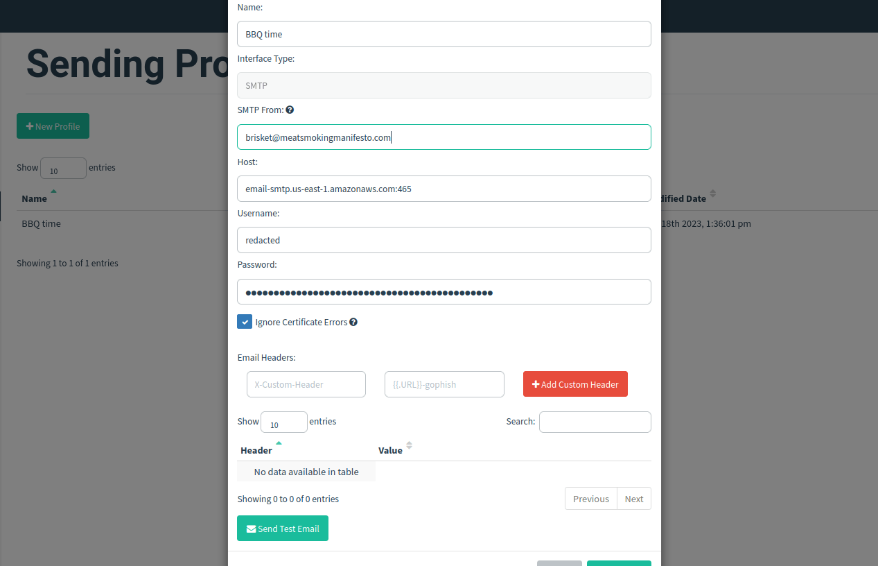 White Oak Security shows that you log into your GoPhish server with your Amazon SES username and password.