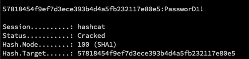 White Oak Security obtained the cleartext password using Hashcat to crack the SHA1 hash