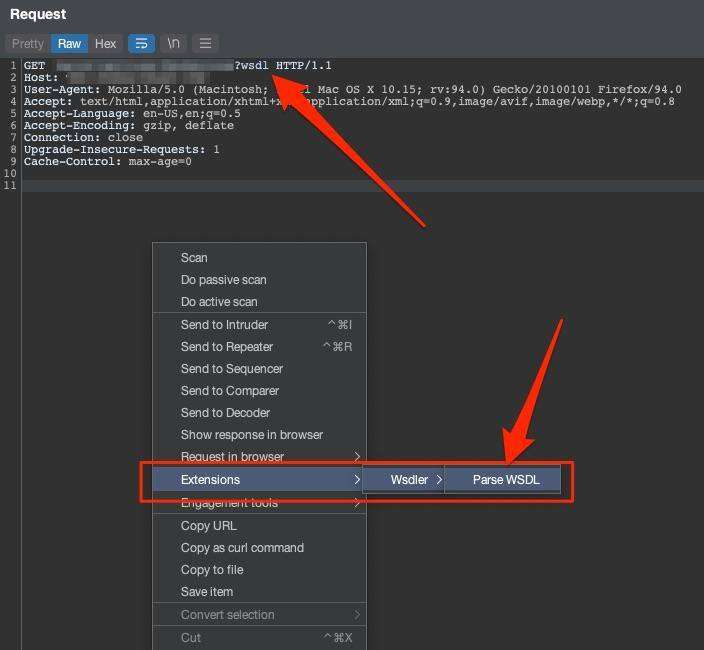 This screenshot by White Oak Security is Utilizing Burp Suite – right click the HTTP request, select Extensions, select, Wsdler, and then select Parse WSDL.