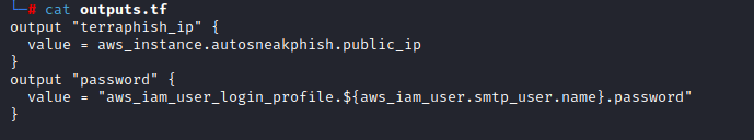 outputs.tf screenshot of terraform and autosneakphish code by White Oak Security