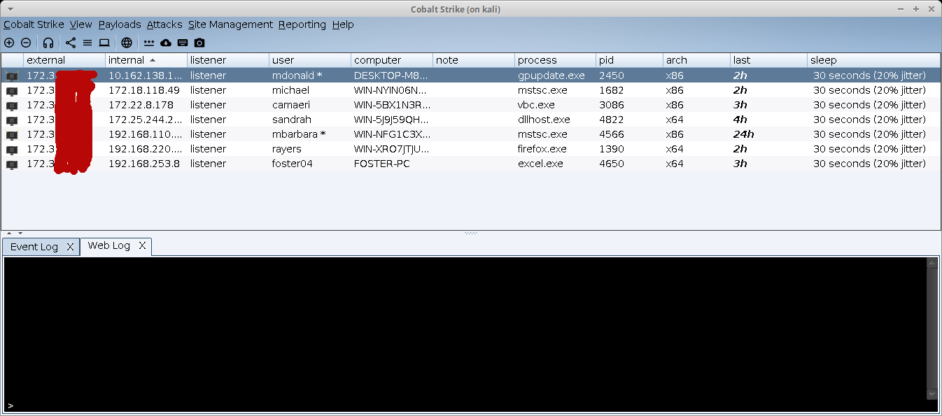 White Oak Security's red team demonstrates the callbacks to our C2 server look a lot like this screenshot of Cobalt Strike. 