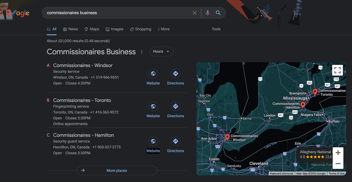 Commissionaires Business google map search during the Hacktoria geolocation 16 OSINT challenges, tackled by White Oak Security. 