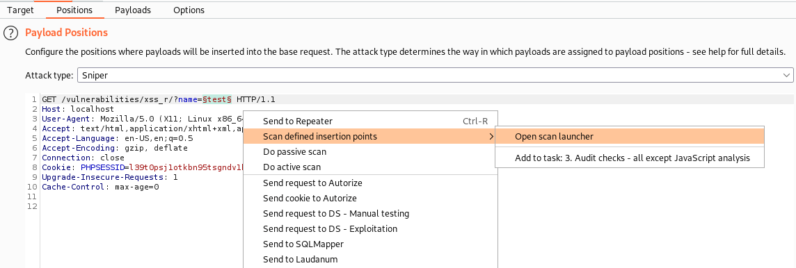 screenshot of burp suite intruder, define an insert point step. 