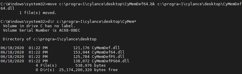 Renamed CyMemDef64 to its original file name, enabling Cylance In white oak security’s blog