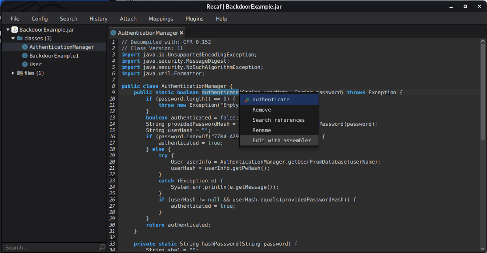 White Oak Security's example of Recaf's page with a right click on the name of the method (in this case, the “authenticate” method), and select “Edit with assembler”