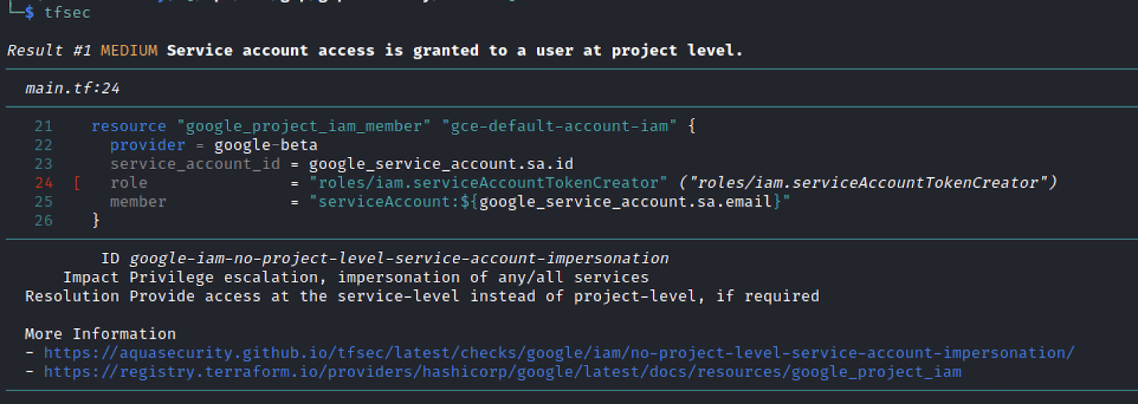 The good news for the proactive developer is that several tools exist to help vet Terraform misconfigurations, such as the tfsec [16] tool. When White Oak Security tried to replicate the same issue, this is flagged by tfsec as a potential path to privilege escalation which is great to see.