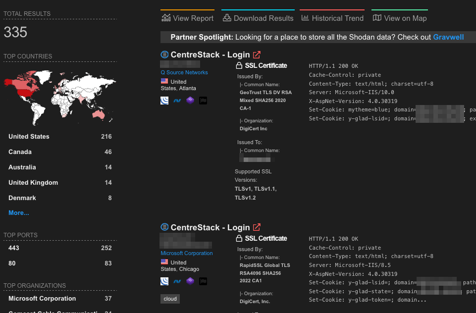 screenshot provided by White Oak Security shows centrestack login is exposed on the internet on a handful of servers.