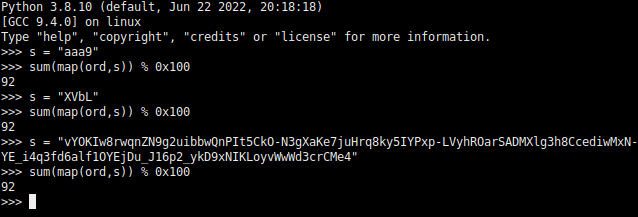 Python check on the 8-bit checksum for the White Oak Security payload. Screenshot shows python code. 