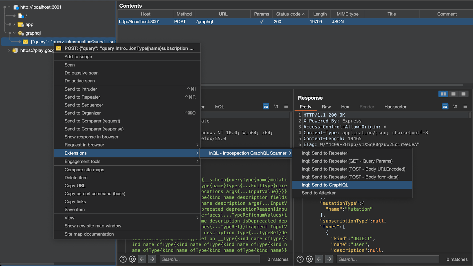 To launch InQL’s GraphQL development console from Burp Suite, right-click on the request and navigate to Extensions -> InQL Introspection GraphQL Server -> inql: Send to GraphiQL. Screen shot by white oak security 