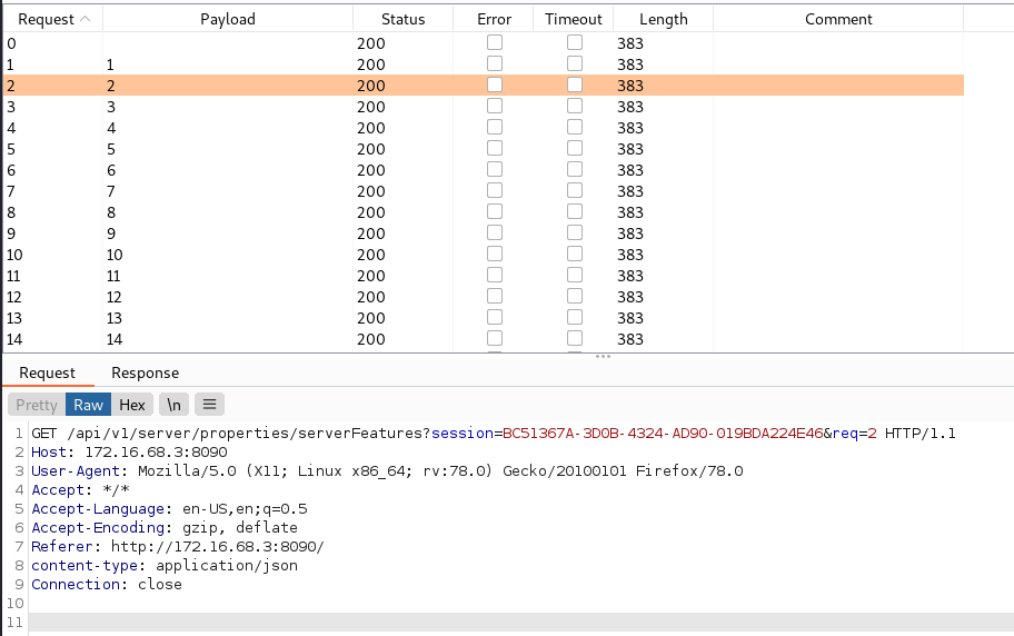 At the same time as the first intruder upload requests, White Oak Security used Burp Suite Intruder to constantly poll the web server while the file upload was occurring. Since the custom scripts will actually execute on nearly every API request and the scripts do not have to be queried directly, an example API request below will trigger the command execution if the script exists within the “custom-scripts” directory when this API is called.  