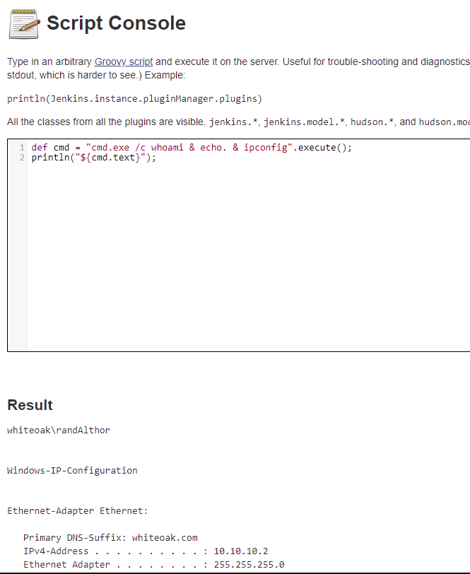 Script console of white oak security's pentester on a windows based server.