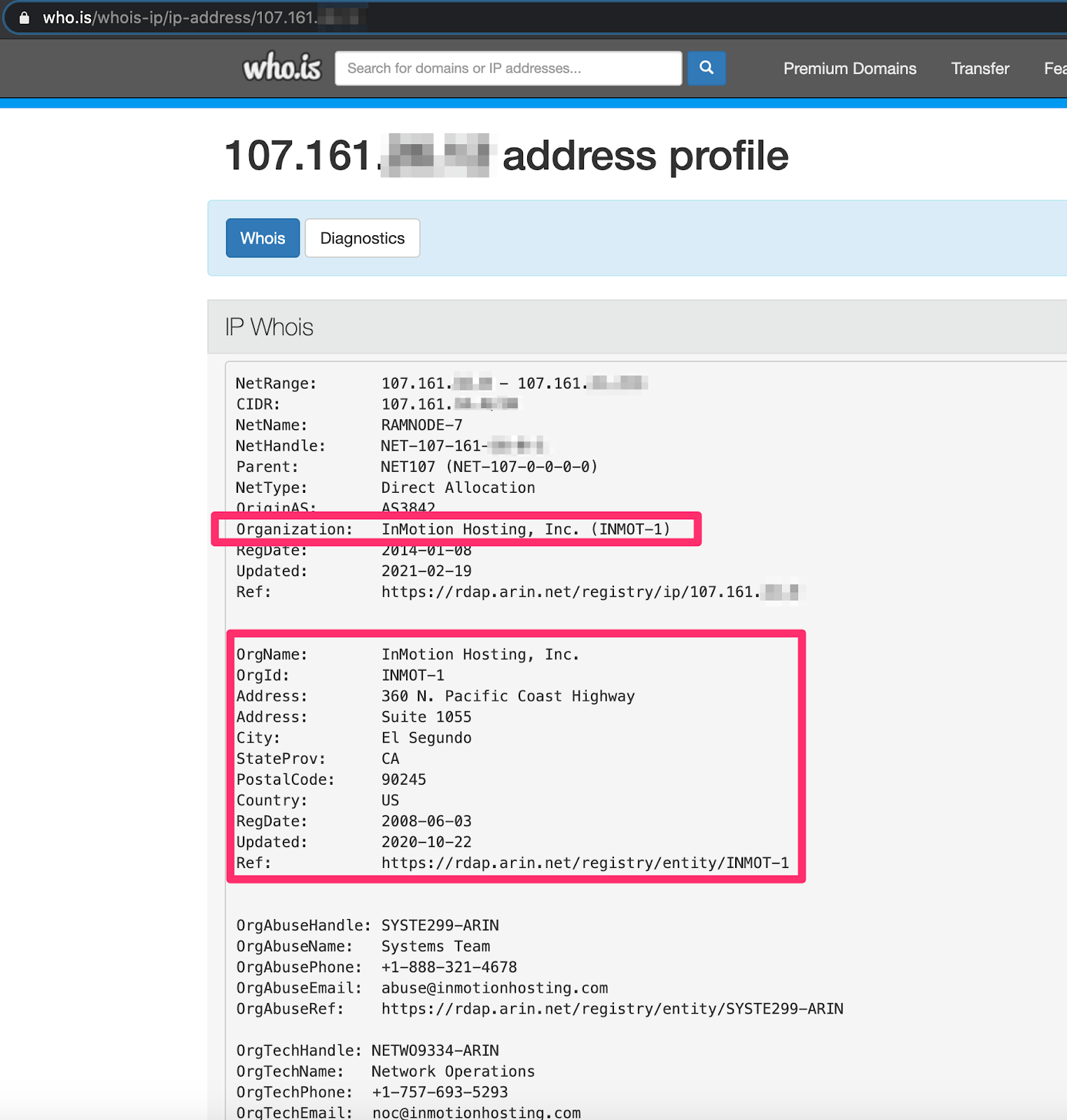 Screenshot of the IP address organization being InMotion Hosting, Inc. virtual private server hosting company in El Segundo, CA for one of the tracking pixel hits during this phishing email scam attack by the White Oak Security blog.