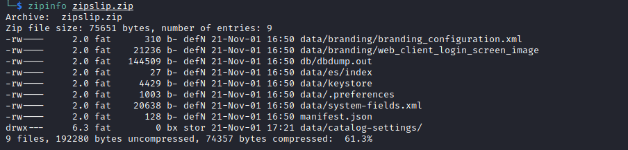 White Oak Security created a zip file with the following structure. The default folders are necessary to ensure the backup is extracted properly and can be generated from a sample backup zip archive within the portal. The database content (dbdump.out) is not necessarily required, but several metadata checks do occur before the zip-slip vulnerability (e.g., taking default data from the .data/preferences file) and so maintaining the expected directory and file structure is recommended.