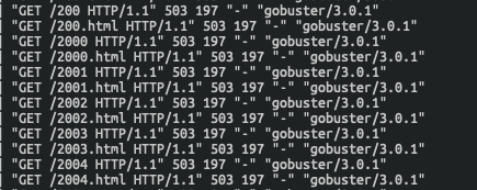 This screen capture shows that once gobuster hits a threshold, the future requests returned as 503 errors rather than 200 or 301 errors like previously.